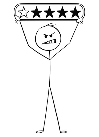Cartoon stick man drawing conceptual illustration of angry businessman holding one star of five rating.のイラスト素材