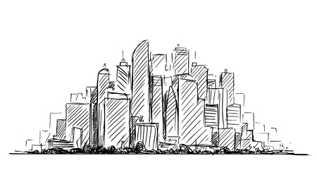 Vector artistic sketchy pen and ink drawing illustration or sketch of generic city high rise cityscape landscape with skyscraper buildings.のイラスト素材