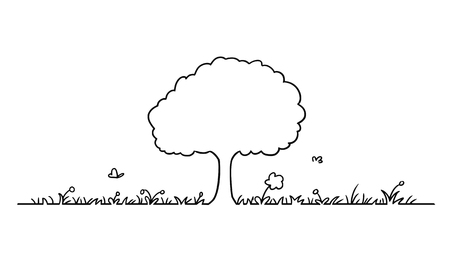 Vector artistic pen and ink drawing illustration of simple tree shape design element with grass or meadow and flowers and butterflies around.のイラスト素材