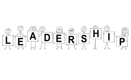 Cartoon stick man drawing conceptual illustration of businessmen and businesswomen holding signs with leadership text. Business concept of team management .の写真素材