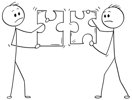 Cartoon stick man drawing conceptual illustration of two businessmen holding unmatching puzzle pieces. Business concept of teamwork or cooperation problem.のイラスト素材