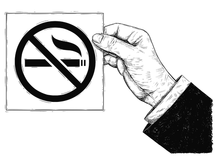 Vector artistic pen and ink drawing illustration of hand in suit holding paper with no smoking sign or symbol.のイラスト素材