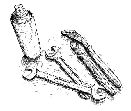 Vector artistic pen and ink drawing illustration of working tools - wrench, spanner, adjustable pliers and oil spray.のイラスト素材