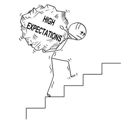 Cartoon stick drawing conceptual illustration of man or businessman carrying big piece of rock with text high expectations upstairs.Business concept of dreams and reality.のイラスト素材