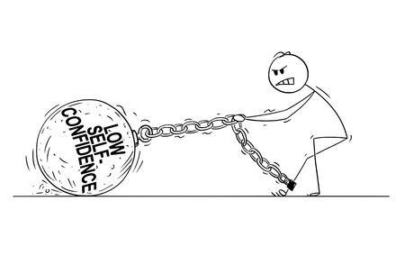 Cartoon stick drawing conceptual illustration of man or businessman pulling hard big Iron ball chained to his leg. Concept of low self-confidence limiting affected person .のイラスト素材