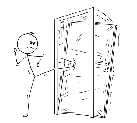 Cartoon stick drawing conceptual illustration of man or businessman kicking the locked door. Business concept of overcoming obstacles.のイラスト素材
