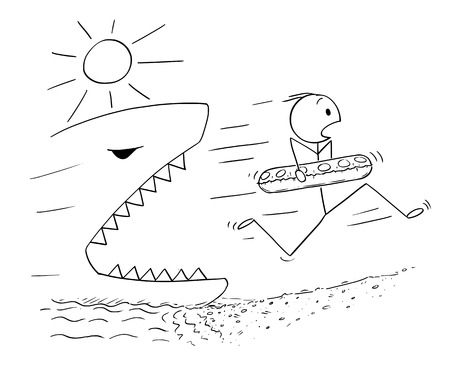 Cartoon stick drawing conceptual illustration of man holding inflatable swimming ring and running on the beach away from big or giant shark or fish.のイラスト素材