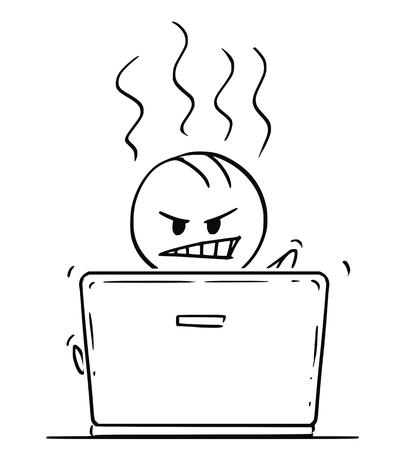Cartoon stick drawing conceptual illustration of angry man or businessman working or typing on laptop or notebook computer.のイラスト素材