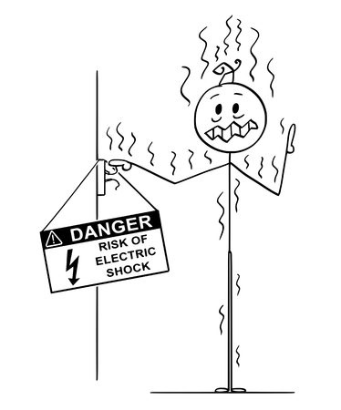 Cartoon stick drawing conceptual illustration of man touching uninsulated conductors coming from wall and got high voltage electric power shock.のイラスト素材