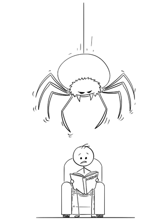 Cartoon stick drawing illustration of man sitting in arm chair and reading gripping horror book. Giant spider is hanging on the thread above his head ready to attack.のイラスト素材