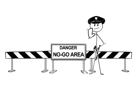 Pen and ink hand drawing of policemen showing stop gesture standing near road block with no-go area sign.のイラスト素材