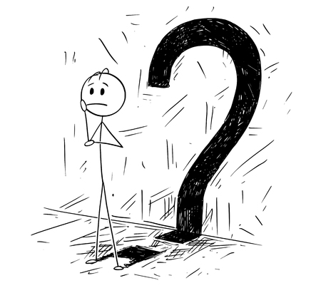 Cartoon stick drawing conceptual illustration of man or businessman thinking about problem with question mark as his shadow.のイラスト素材