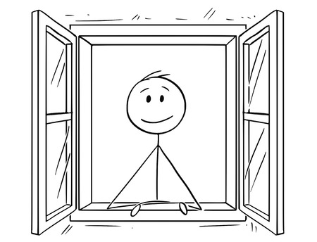 Cartoon stick drawing conceptual illustration of man looking through open window.のイラスト素材