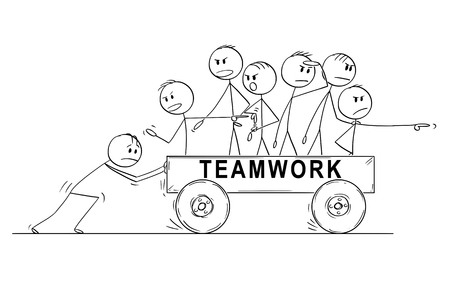 Cartoon stick drawing conceptual illustration of group or team of men or businessmen riding on cart pushed by one man and complaining about low speed of movement instead of helping with pushing.Business concept of non-functional teamwork.のイラスト素材