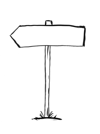 Black brush and ink artistic rough hand drawing of arrow decision sign post. Text can be added.の写真素材