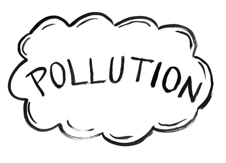 Black brush and ink artistic rough hand drawing of air cloud with pollution text.の写真素材