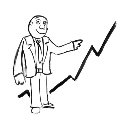 Black brush and ink artistic rough hand drawing of businessman or manager presenting rising graph or chart or just growth.の写真素材