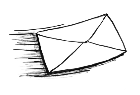 Black brush and ink artistic rough hand drawing of vast moving post mail envelope or letter, usable also as icon.の写真素材