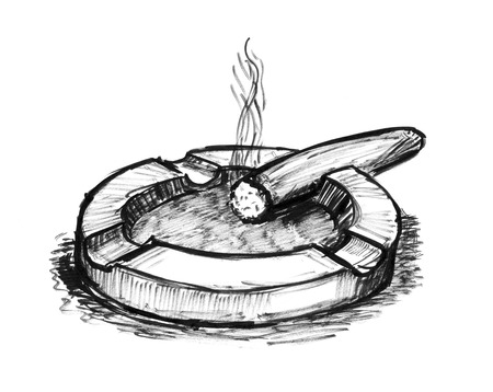 Black brush and ink artistic rough hand drawing of big smoking cigar in ashtray.の写真素材
