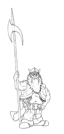 Black and white ink artistic rough hand drawing of fantasy dwarf holding big halberd or axe.の写真素材