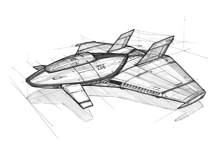 Black and white ink concept art drawing of futuristic or sci-fi spaceship or spacecraft or aircraft.の写真素材