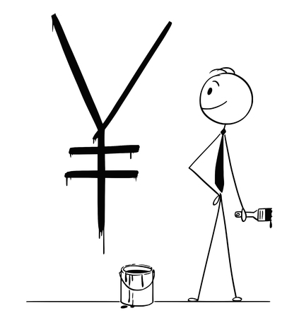 Cartoon stick drawing conceptual illustration of businessman with brush and paint can and big black Japanese Yen currency sign or symbol painted or written on wall.のイラスト素材