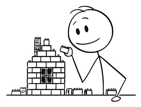 Cartoon stick drawing conceptual illustration of boy, man or businessman playing with brick or block construction toy building a family house.のイラスト素材