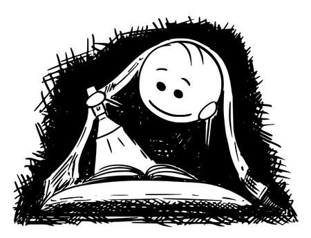 Cartoon stick drawing illustration of man or boy reading a book in bed under blanket with flashlight. Concept of adventures hidden in books.のイラスト素材