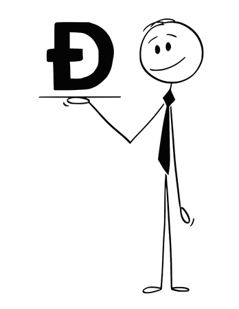 Cartoon stick drawing conceptual illustration of waiter or businessman holding tray or salver and offering Dogecoin cryptocurrency currency symbol or sign.のイラスト素材