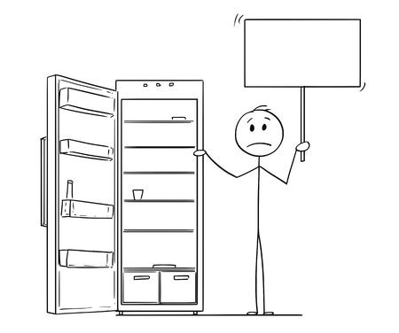 Cartoon stick drawing conceptual illustration of hungry and depressed man holding empty sign and empty fridge or refrigerator.のイラスト素材