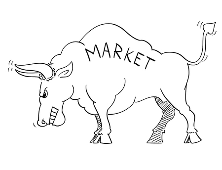 Cartoon drawing conceptual illustration of angry bull as symbols of rising market prices.のイラスト素材