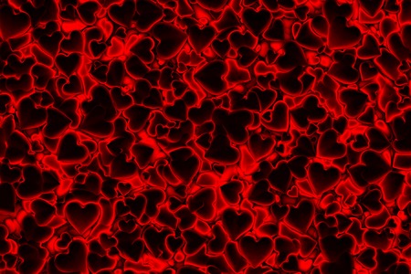 Valentine's Day abstract 3D background pattern with dark radiant, glowing and shining red hearts.の写真素材