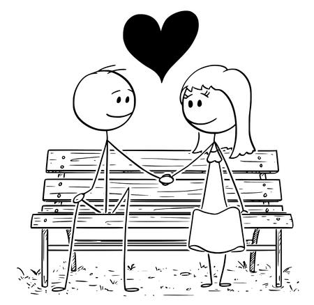 Cartoon stick drawing conceptual illustration of romantic couple sitting on park bench or seat and holding each others hand.Big heart is between them.のイラスト素材