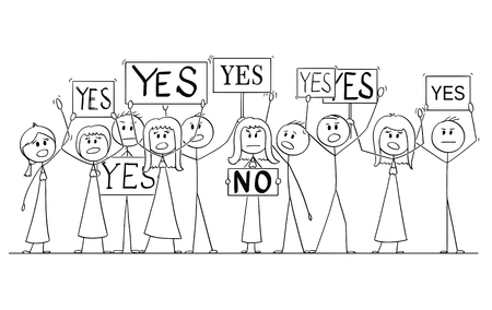 Cartoon stick figure isolated drawing or illustration of group or crowd of protesters protesting with Yes signs, one solitary person say No.のイラスト素材