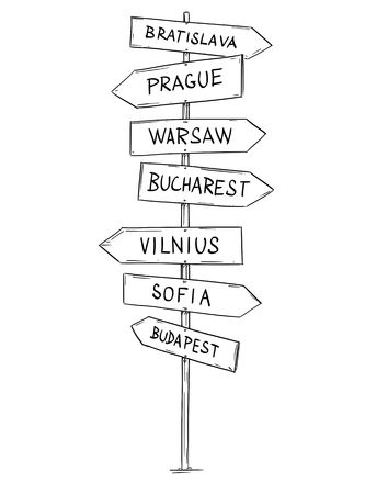 Artistic drawing of old wooden directional road arrow sign with eastern or central Europe city names. Bratislava, Prague, Warsaw, Bucharest, Vilnius, Sofia, Budapest.のイラスト素材