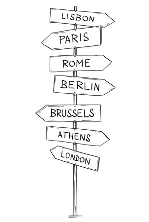 Artistic drawing of old wooden directional road arrow sign with western Europe city names. Berlin, London, Brussels, Rome, Athens, Lisbon, Paris.のイラスト素材
