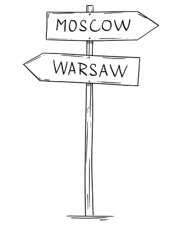 Artistic drawing of old wooden two directional road arrow sign with city Moscow and Warsaw texts. Poland and Russia relations concept.のイラスト素材