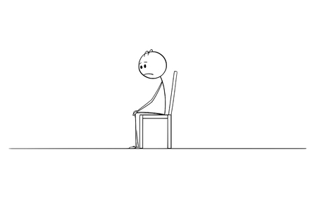 Cartoon stick figure drawing of lonely man sitting in depression alone in empty room or space on chair.のイラスト素材