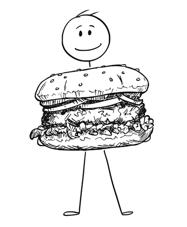 Cartoon stick figure drawing conceptual illustration of smiling man holding big burger or hamburger.のイラスト素材