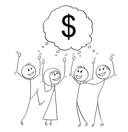 Cartoon stick figure drawing conceptual illustration of group of business people celebrating financial success with dollar sign above them.のイラスト素材