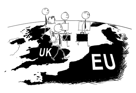 Cartoon stick figure drawing conceptual illustration of group of businessmen leaving United Kingdom to EU or European Union as concept of business leaving UK during Brexit.のイラスト素材