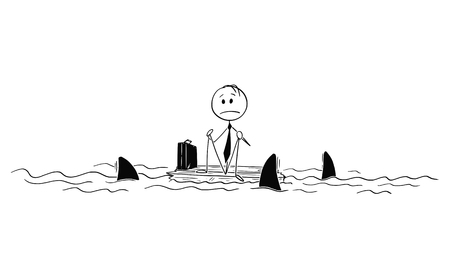 Cartoon stick figure drawing conceptual illustration of lonely businessman or castaway sitting lost and alone in the middle of ocean on piece of wood surrounded by sharks.のイラスト素材