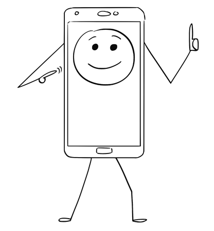 Cartoon stick figure drawing conceptual illustration of mobile phone character with smiling emoticon as head.のイラスト素材