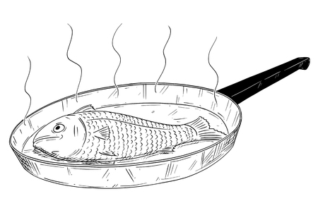 Cartoon drawing illustration of fish food cooked on frying pan.のイラスト素材