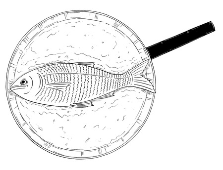 Cartoon drawing illustration of top view of fish food cooked on frying pan.のイラスト素材