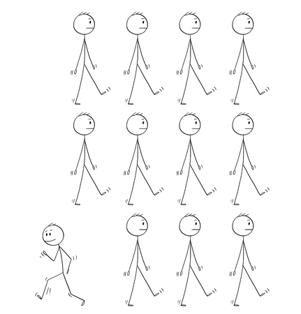 Cartoon stick figure drawing conceptual illustration of man or businessman individuality standing out of crowd or group of same uniform business people walking same direction.のイラスト素材