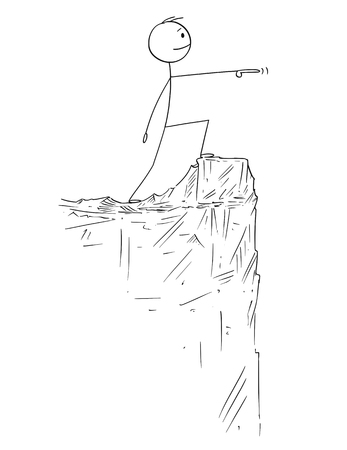 Cartoon stick figure drawing conceptual illustration of man or businessman in heroic pose standing on the edge of the cliff and pointing forward.のイラスト素材
