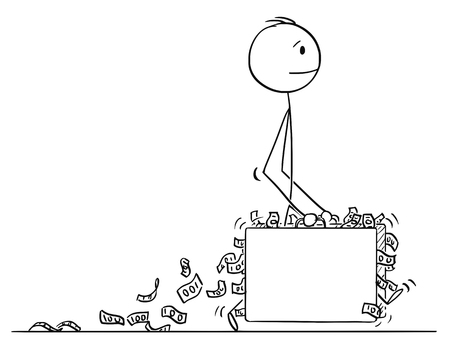 Cartoon stick figure drawing conceptual illustration of man or businessman walking with two big classic suitcases full or overflowing by money.のイラスト素材