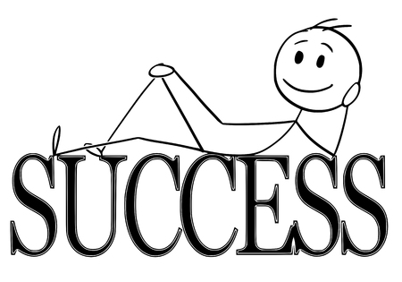 Cartoon stick figure drawing conceptual illustration of happy and positive man lying on big letters or text saying success.のイラスト素材
