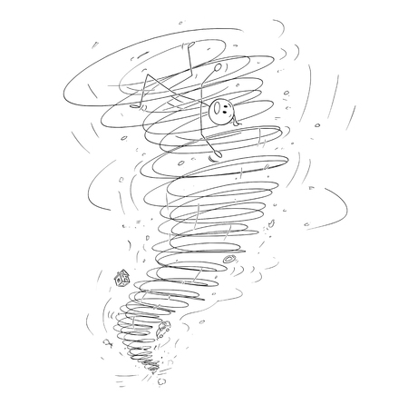 Cartoon stick figure drawing conceptual illustration of man carried away by tornado storm.のイラスト素材